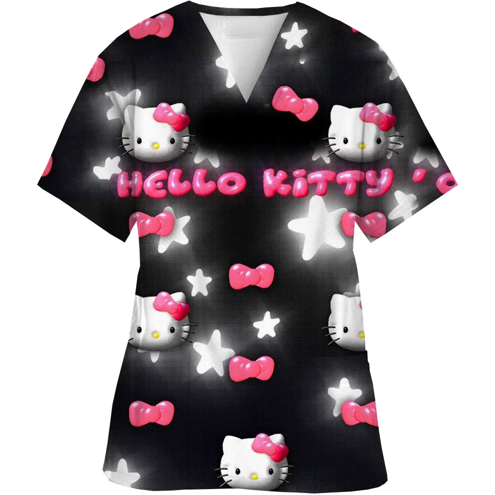 Women Working Uniform cartoon Print cute Hello Kitty Short Sleeve V-neck Tops Femme Blouse Nurse work wear Medical Uniforms