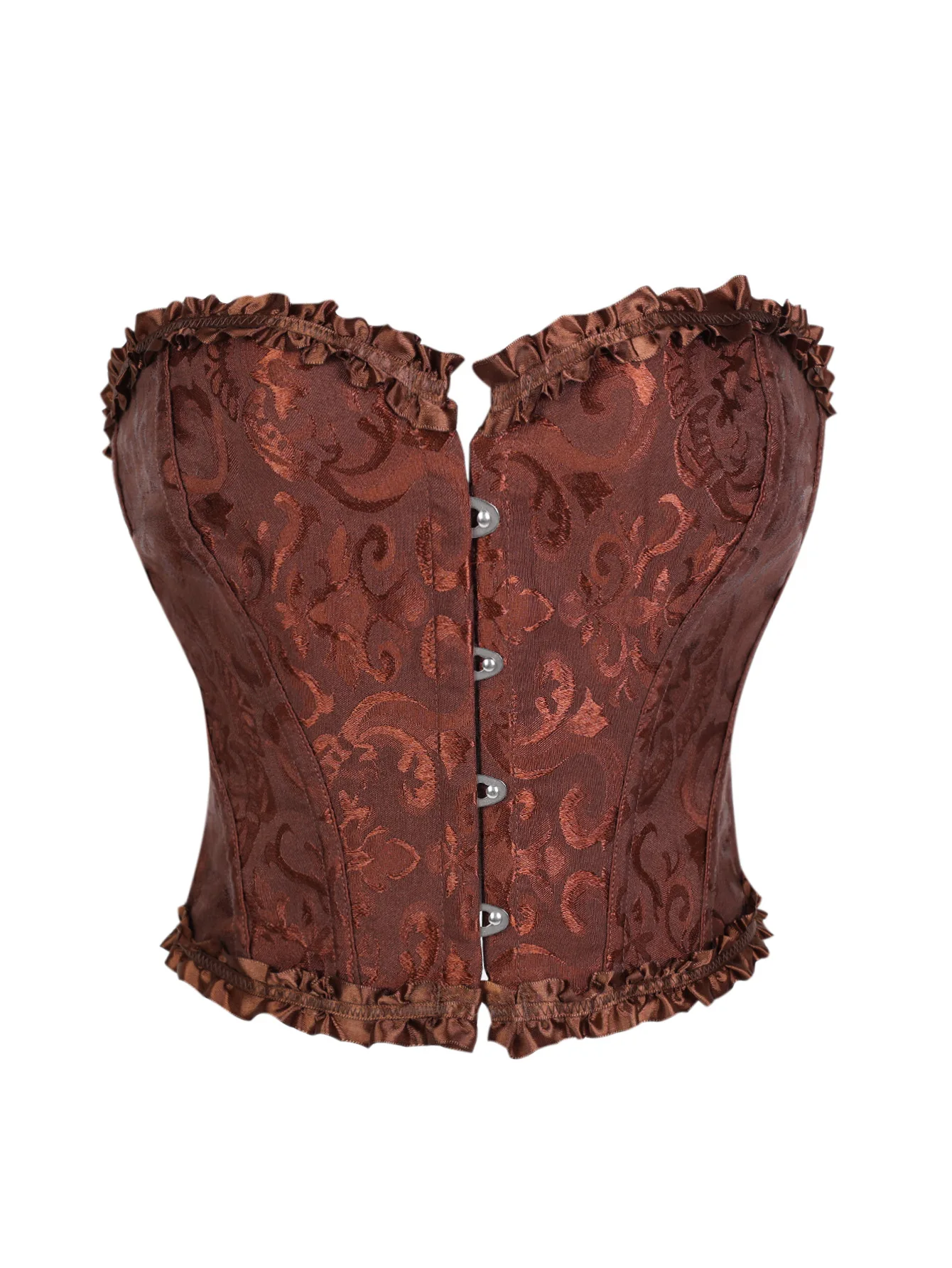 Haut corset sans bretelles pour femme, décolleté cœur, en brocart marron, à baleines, fermeture avant, bordure à volants, dos lacé, style gothique vintage