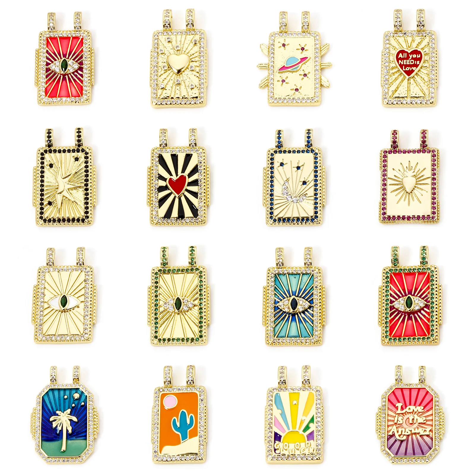1 Piece Brass Micro Pave Turkish Evil Blue Eye Charms 18K Gold Plated Rectangle Pendants For Necklace Earrings Jewelry Making