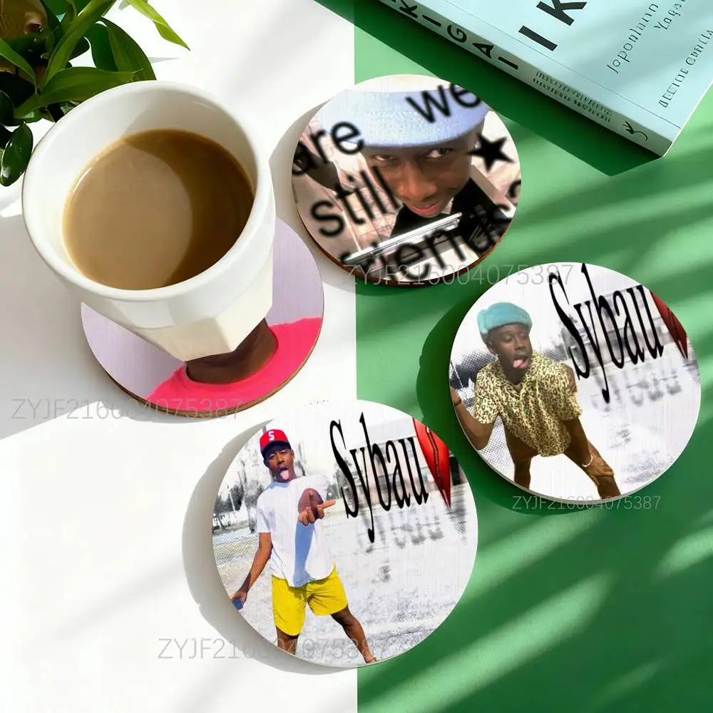 

T-Tyler The C-Creator Memes Funny Round Wooden Heat Resistant Non-slip Drink Cafe Decoration 2D Flat Color Print Coasters Set