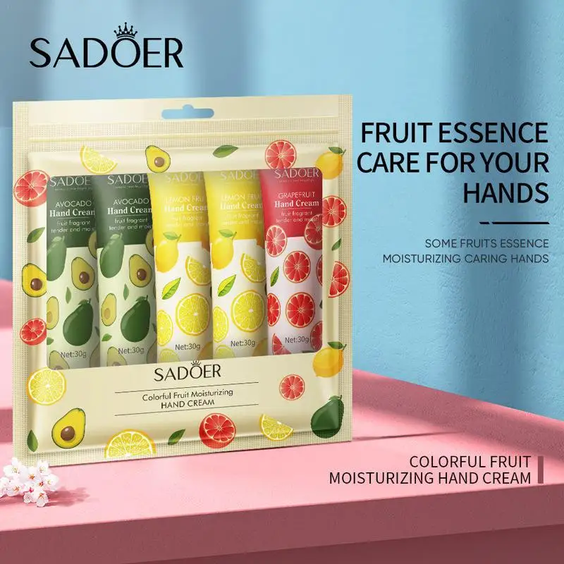 SADOER 5pcs Fruit Plant Extract Hand Cream Suit Moisturizing Nourishing Hand Cream Lotion Set