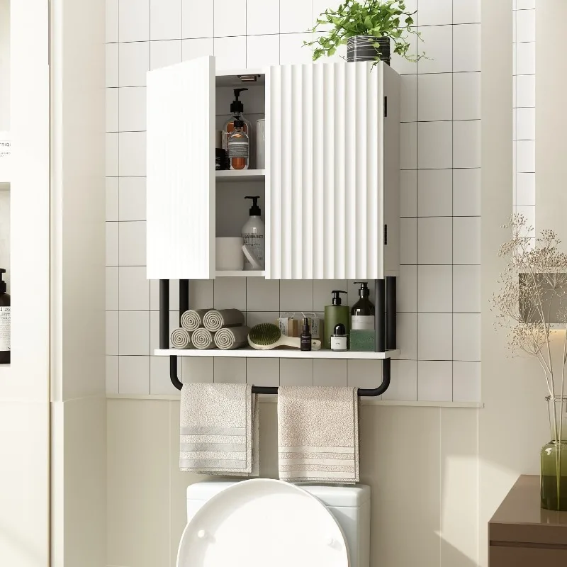 2025 Fluted Bathroom Wall Cabinet with 2 Doors,   Toilet Storage Cabinet with Adjustable Shelf and Towel Bar (White, Medium)