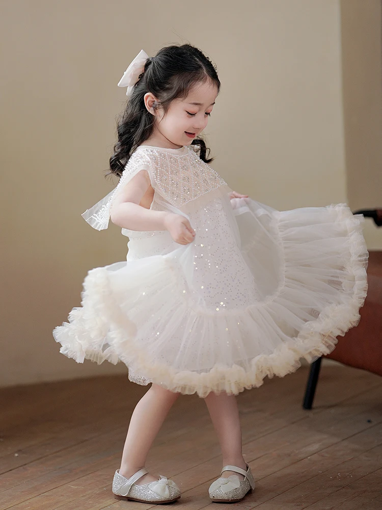 Girls Prin cess Dress Casual Spring Summer Princess Dress Children's 2024 Wear Korean Pearl Neck  Fashion Yarn wedding Dress