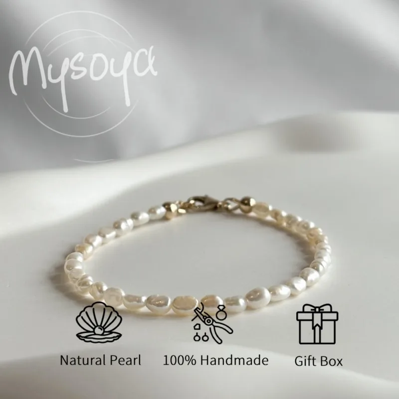 

MYSOYA White Baroque Freshwater Pearl Bracelet 3-4mm With Gift Box For Her/Him Birthday/Wedding/Christmas/New Year Gift