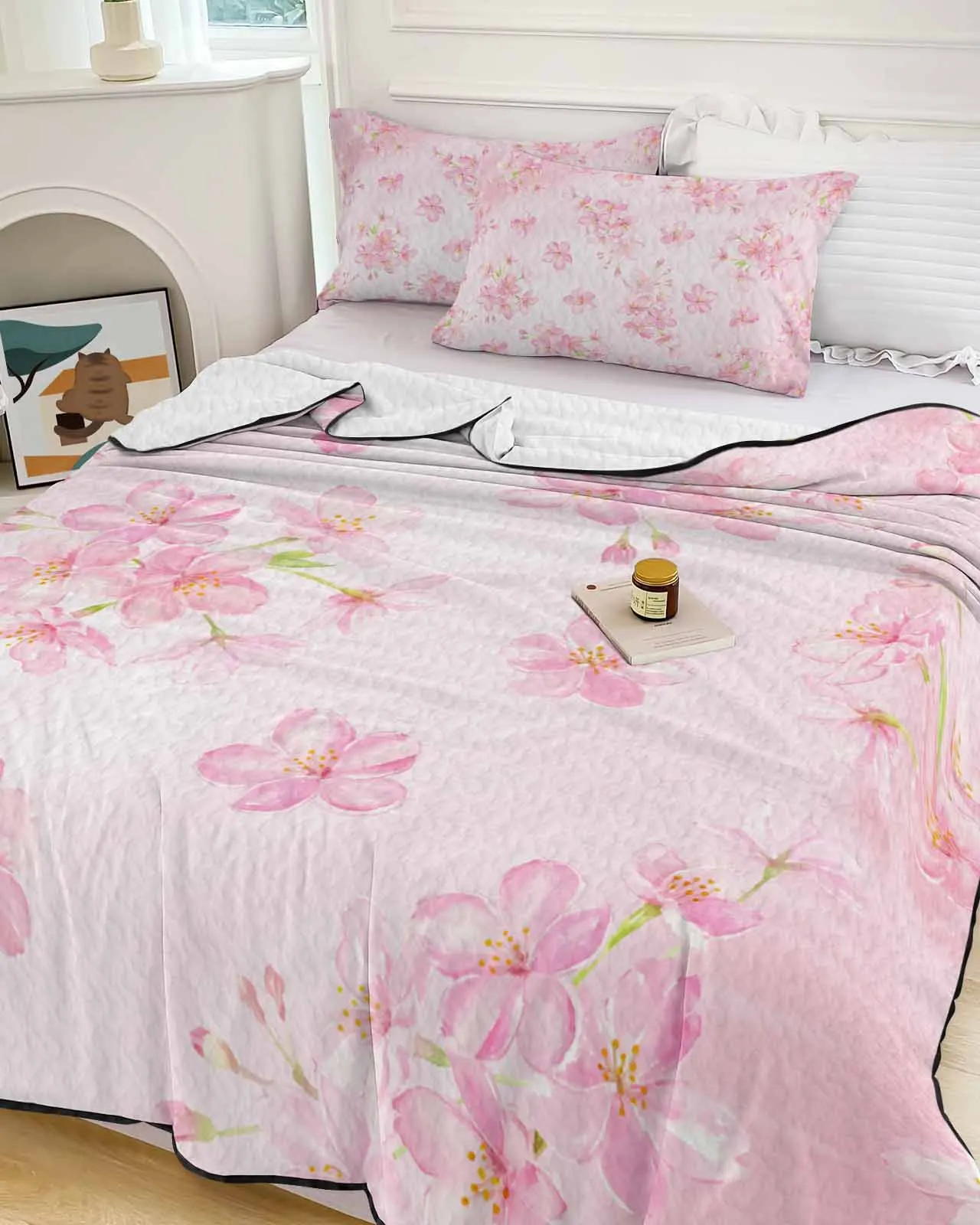 Watercolor Cherry Blossom Texture Summer Cooling Quilt Air Condition Blanket Comfortable Lightweight Bedroom Thin Quilt