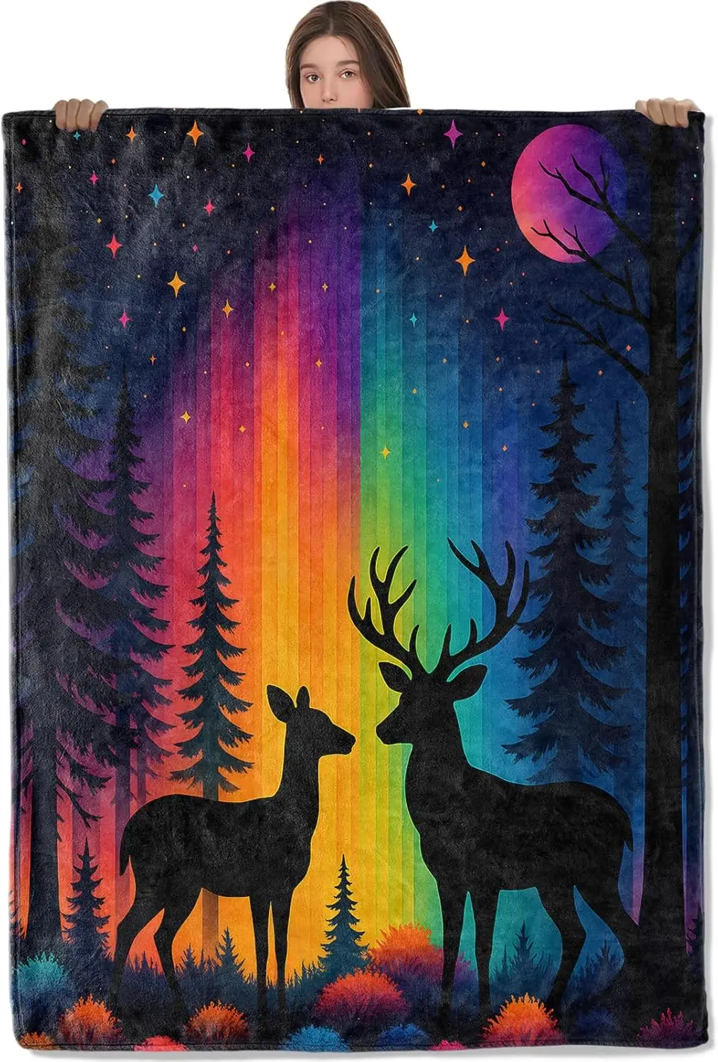 Deer in Northern Lights Blanket, Comfy & Warm Flannel Colorful Aurora Borealis Forest Throw Blanket for Couch, Gifts for Women,