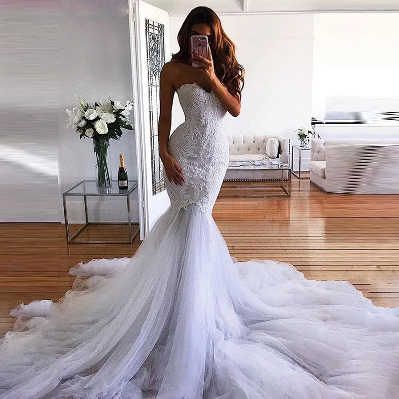 Arabic Strapless Mermaid Wedding Dress Boho Tight Appliques Tulle Fishtail Garden Bridal Gowns For Women Plus Size