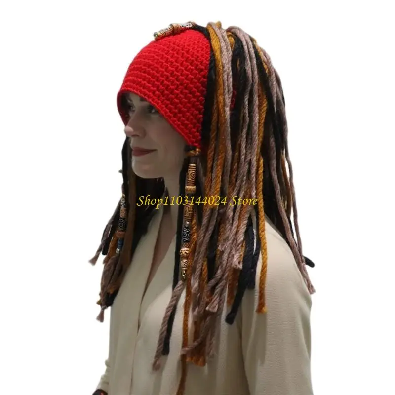 N5KE Pirate Knit Pirate Hat with Attached Braids and Bandana Synthetic Hairpiece for Cosplay Enthusiasts