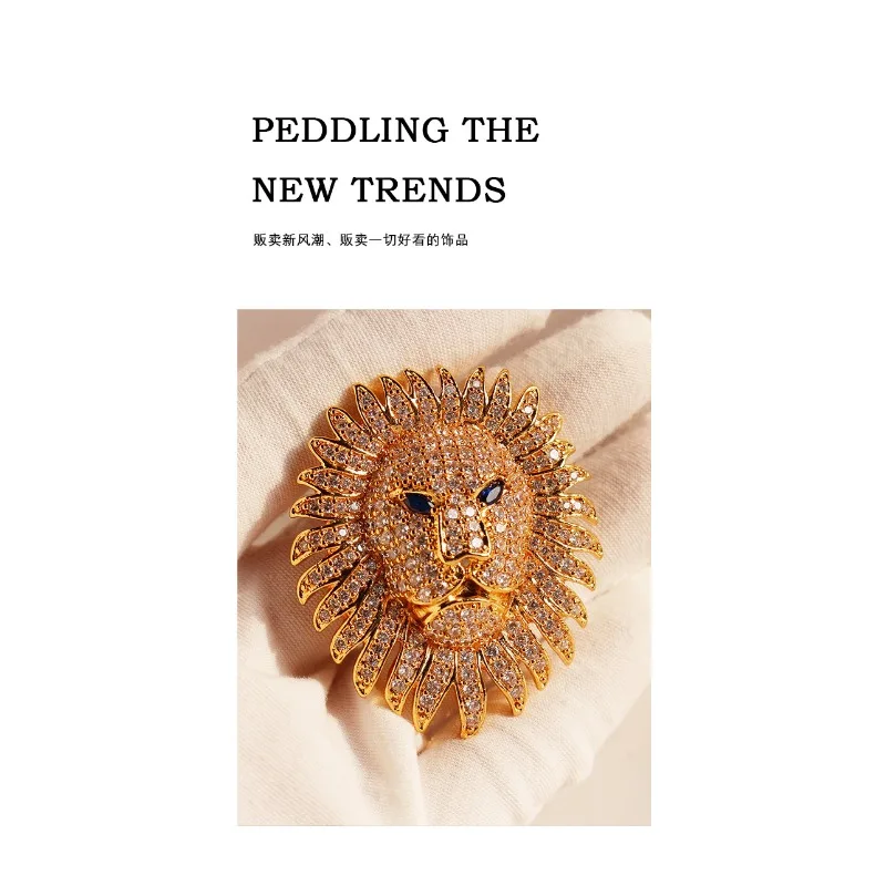 [Miss Jenny]European and American Light Luxury Heavy-set Full-set  Zircon Lion's Head Brooch For Men and Women M056