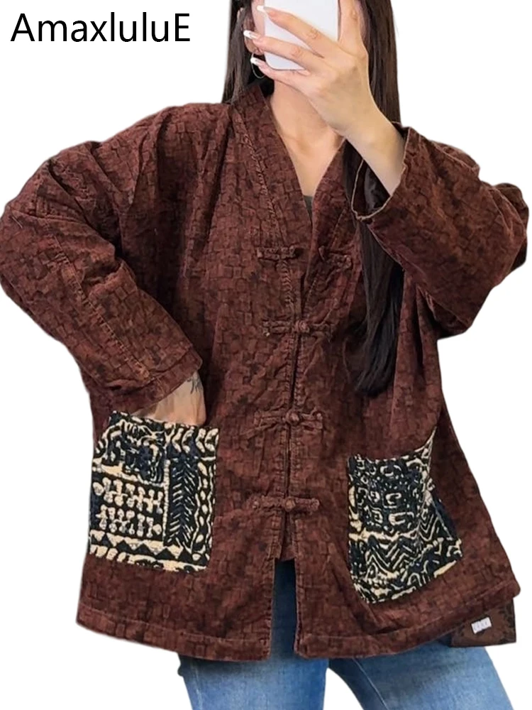 Amax LuluE الصينية 2025 معاطف الموضة الفضفاضة النساء خمر المطبوعة الكلاسيكية سترة السيدات الفاخرة الأزهار القطن الكتان فاسق الملابس