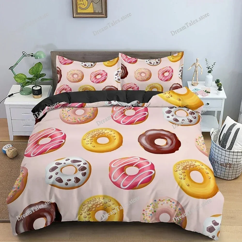 Colorful Donut King Size Duvet Cover Cartoon Sweet Chocolate Dessert Bedding Set for Kids Girl Food Polyester Quilt Cover741