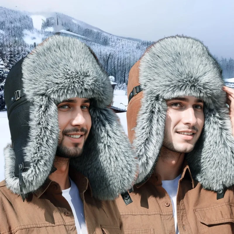 

Luxury Faux Fur Russian Ushanka Hat Men Winter Warm Trapper Hat Ear Flaps Thick Cold Weather Ski Outdoor Vintage Retro Hunting