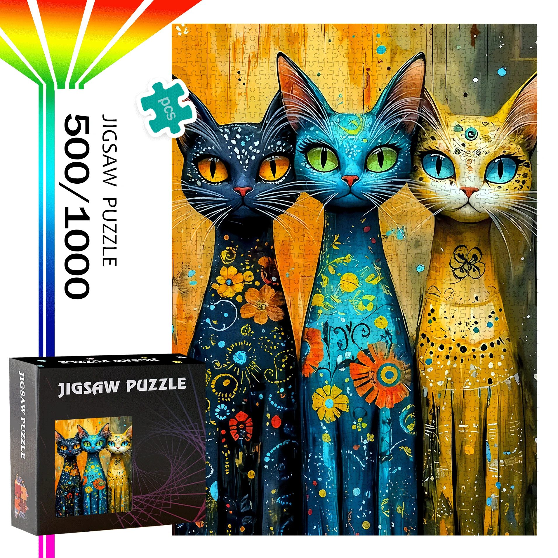 500 قطعة أو 1000 قطعة من أحجية الصور المقطوعة الكبيرة جدًا - صعوبة 5A مع ألوان نابضة بالحياة وتصميم قطة معقدة، وسائط داخلية