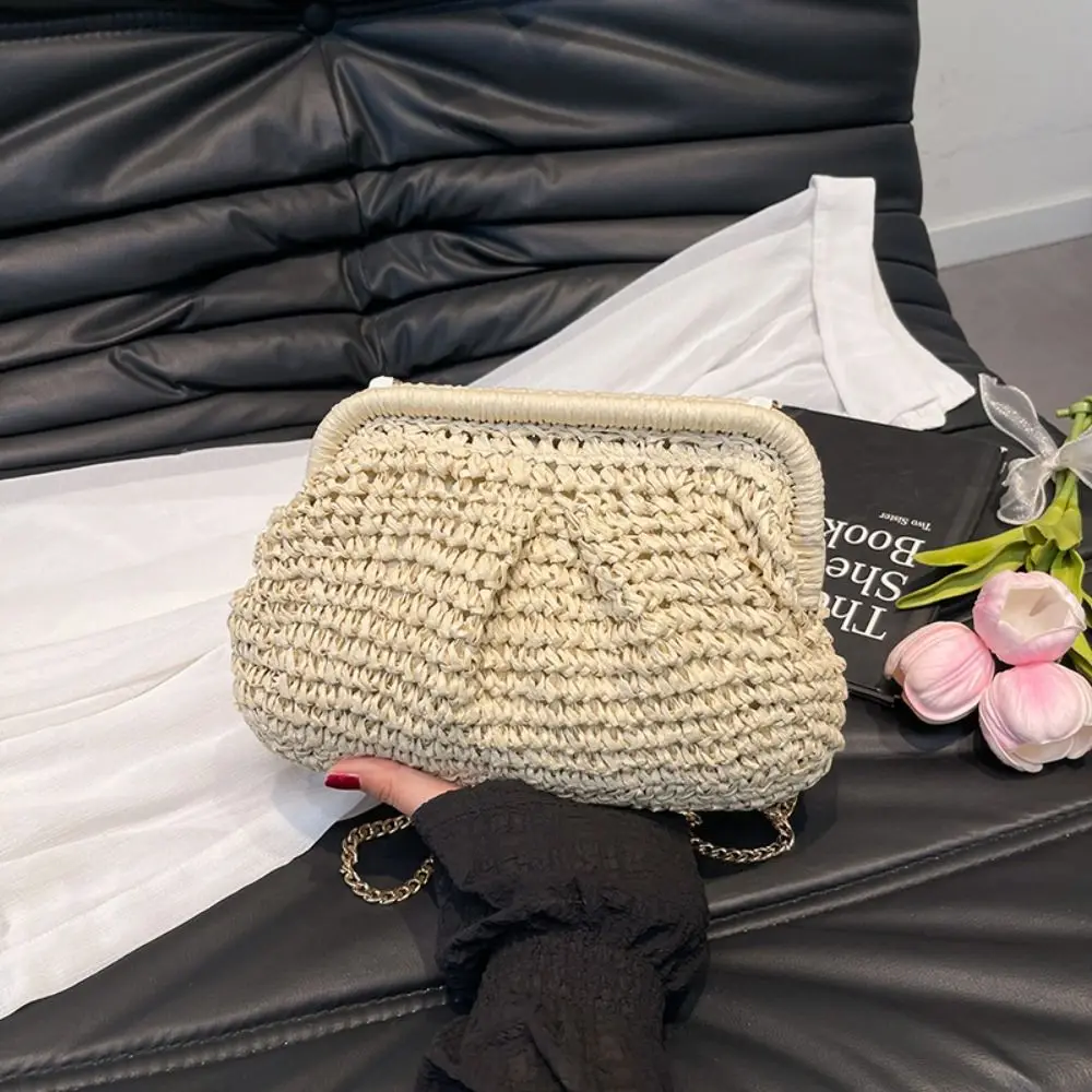 Retro Bohemian Shell-shaped Weave Bag Hollowed Out Chain Strap Straw Shoulder Bag Large Capacity Handbag Beach Bag Summer