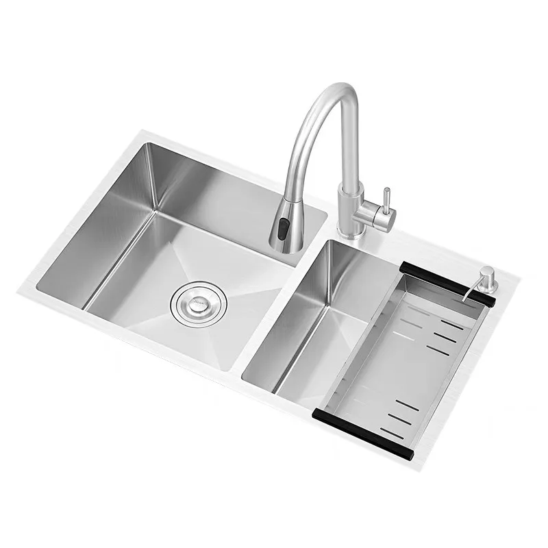 

Stainless steel brushed double sink double basin kitchen sink vegetable basin stainless steel 304 pumping faucet