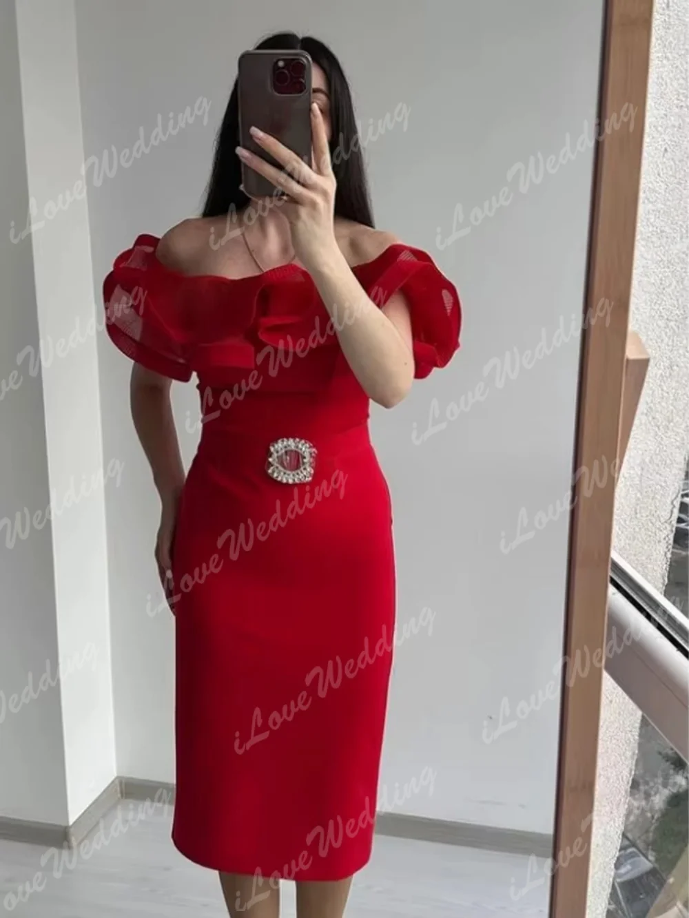 Exquisite Red Retro Modern Sash Straight Cocktail Dress Off Shoulder Tea Length Customized  Prom Party Dresses Classic Formal