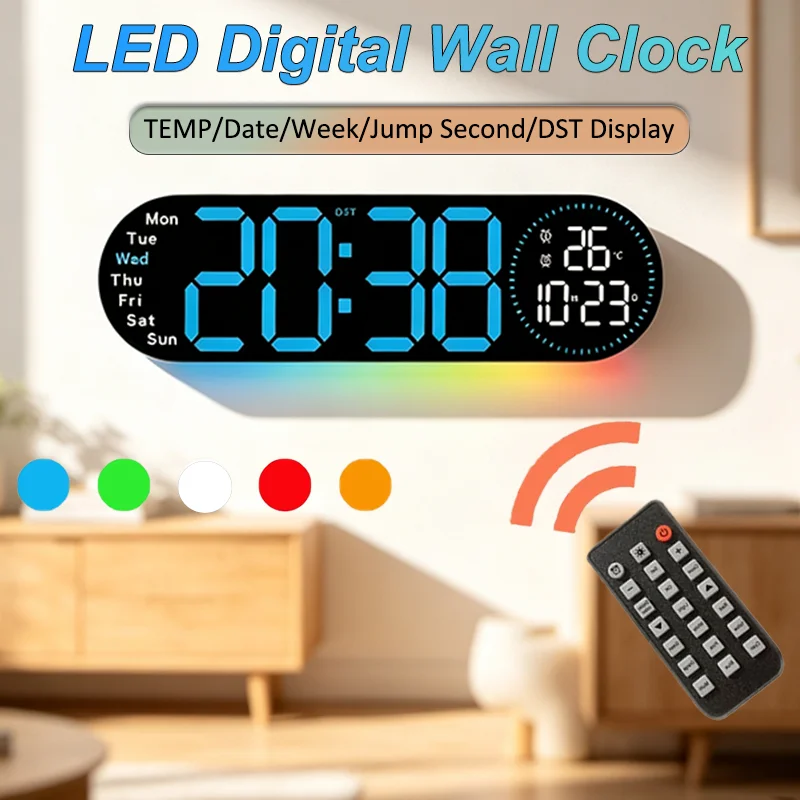 Digital Wall Clock with Colorful Ambient Light Dual Alarms Clock Positive/Countdown Timing Jump Second Display LED Table Clock