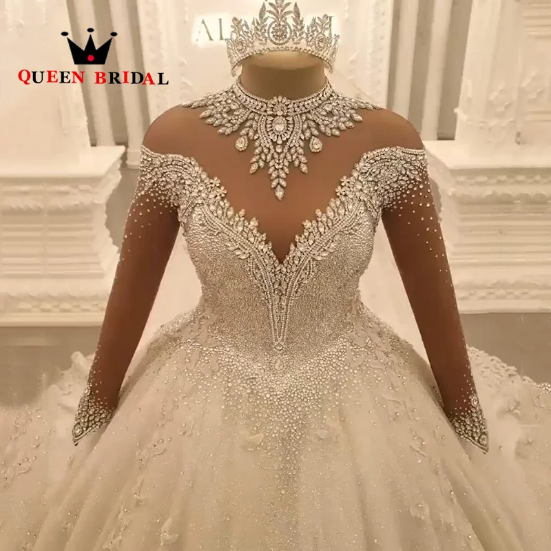 Luxury Crystal Diomand Sequined Wedding Dress 2023 Long Sleeve High Neck Elegant Bridal Ball Gown Vestidos De Novia Custom Z37Y