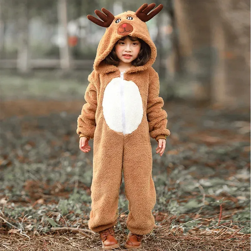 

Kids Boys Girls Christmas Reindeer Jumpsuits Cosplay Animal Suit Elk Costume Hooded Deer Clothing Pajamas Performance Costumes