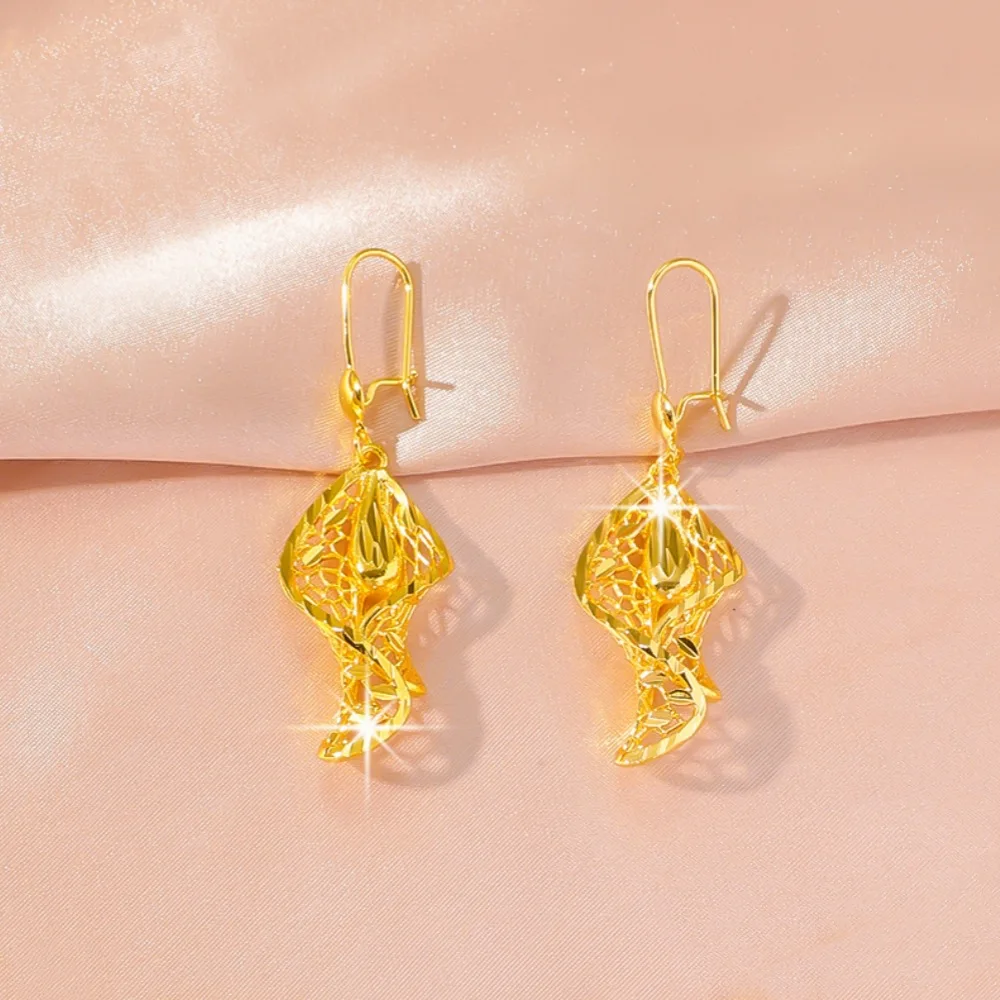 Luxury 24K 9999 Pure Gold real gold Middle East Dubai Wedding suit Hollow Leaves Water Drop Necklace Earrings