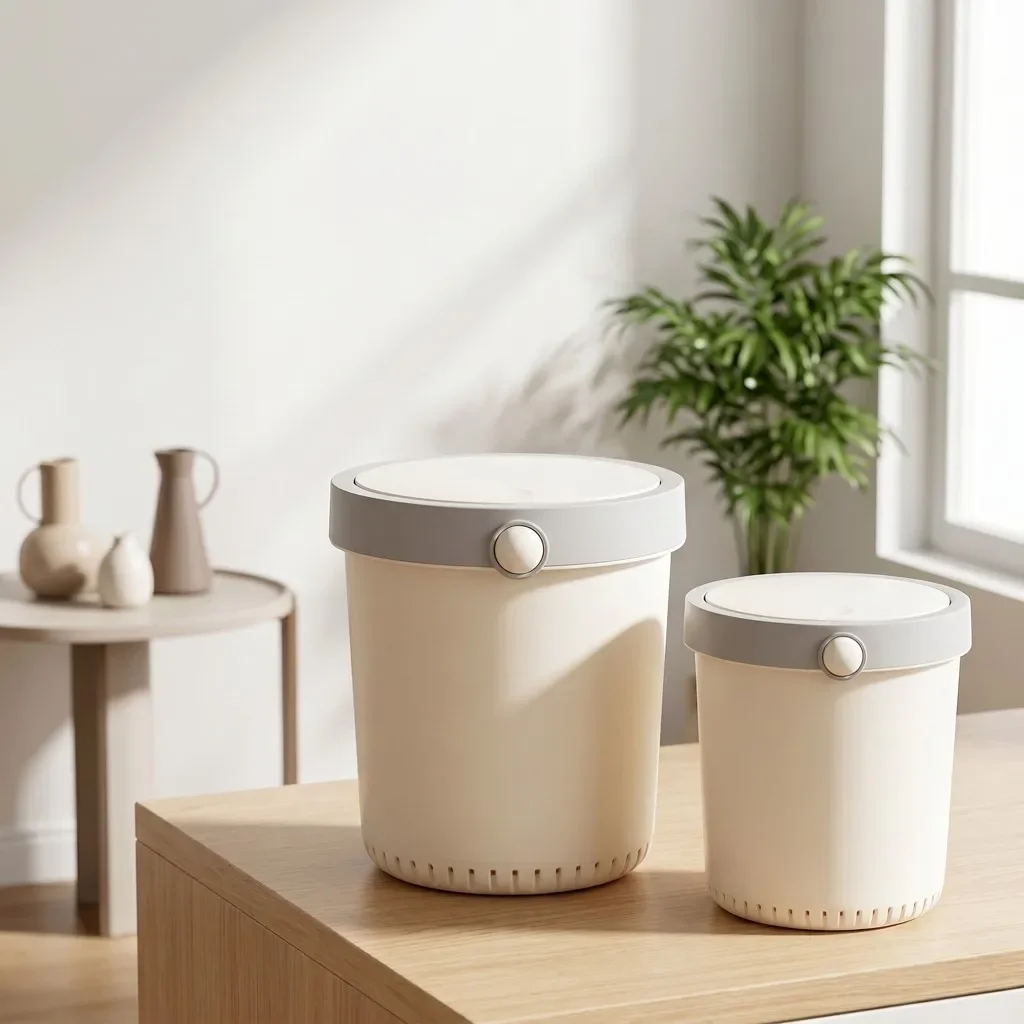 Small Beige Plastic Trash Can With Lid Push Button Bathroom Wastebasket Kitchen Garbage Bin Round Desk Dustbin Office Bedroom