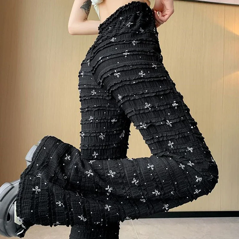 Spring Summer Lace Pants 2024 New Elastic High Waist Bow Print Micro-La Fashion Pants Women Black White Elastic Waist Trousers