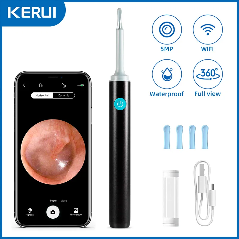 KERUI 스마트 귀지 제거 귀 클리너, 5MP HD 카메라, 라이트 귀지 제거 키트, 내시경 검이경 귀 청소 도구 