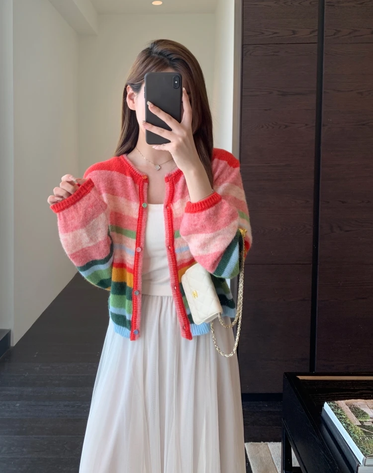 Soft Rainbow Striped Knitted Open Cardigan Long Sleeve Women's Top Trendy Lazy Style Early Autumn Fashionable Sweater Jacket