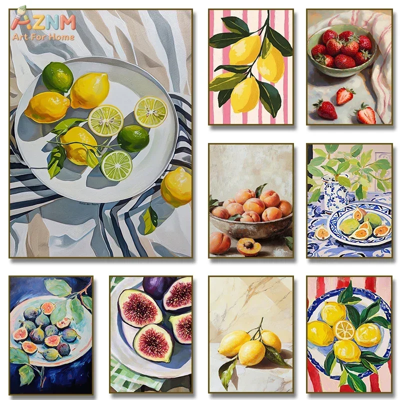 AZNM Fruit Still Life Canvas Wall Art, Lemon Strawberry Fig Peach Oil Painting Style Print, Frameless Canvas Painting for Kitche