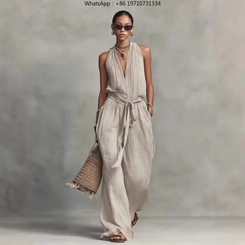 Summer Vestidos Women's Linen Hanging Neck Backless Lace Up Jumpsuit Holiday Sleeveless Solid Color Casual Loose Jumpsuit 2026