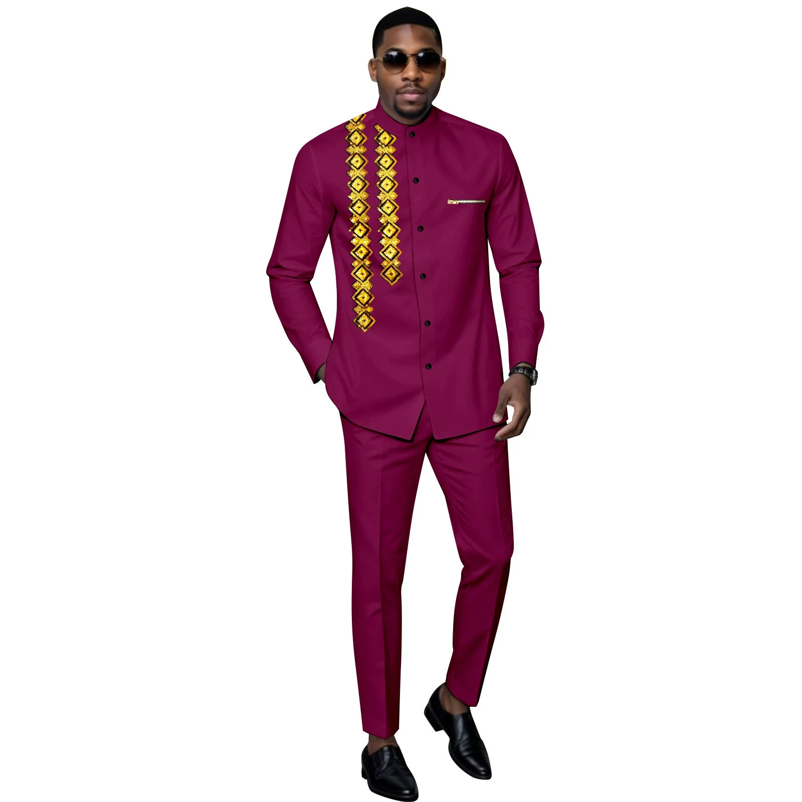 Sale Fashion New Men's Traditional African Clothing with Gold Embroidery and Printed Design - Shirt and Pants Set