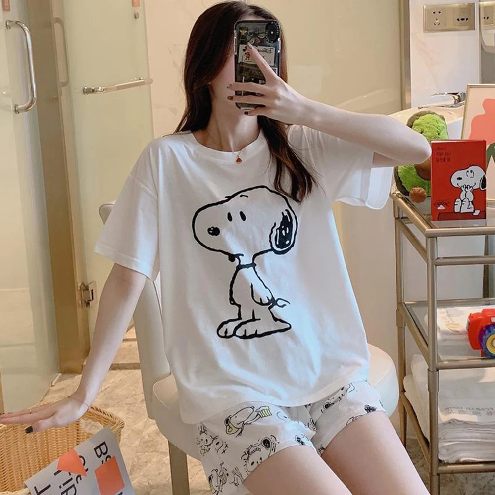 

Anime 2026 New Snoopy Pajama Set for Women Cute Cartoon Print Short Sleeved T-Shirt+Shorts Pajama Fashion Casual Girls Home Wear