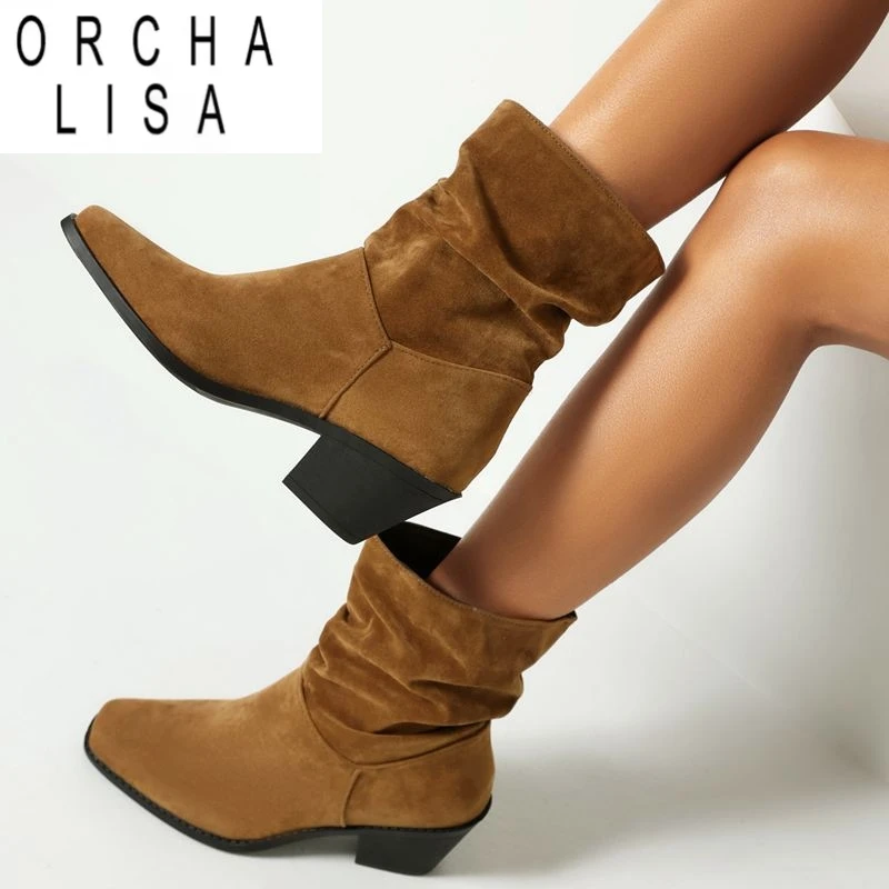 

ORCHA LISA Женские ботильоны из флока с квадратным носком без шнуровки, плиссированная повседневная обувь, большой размер 41, 42, 43 Женская обувь Bota на массивном каблуке 6 см