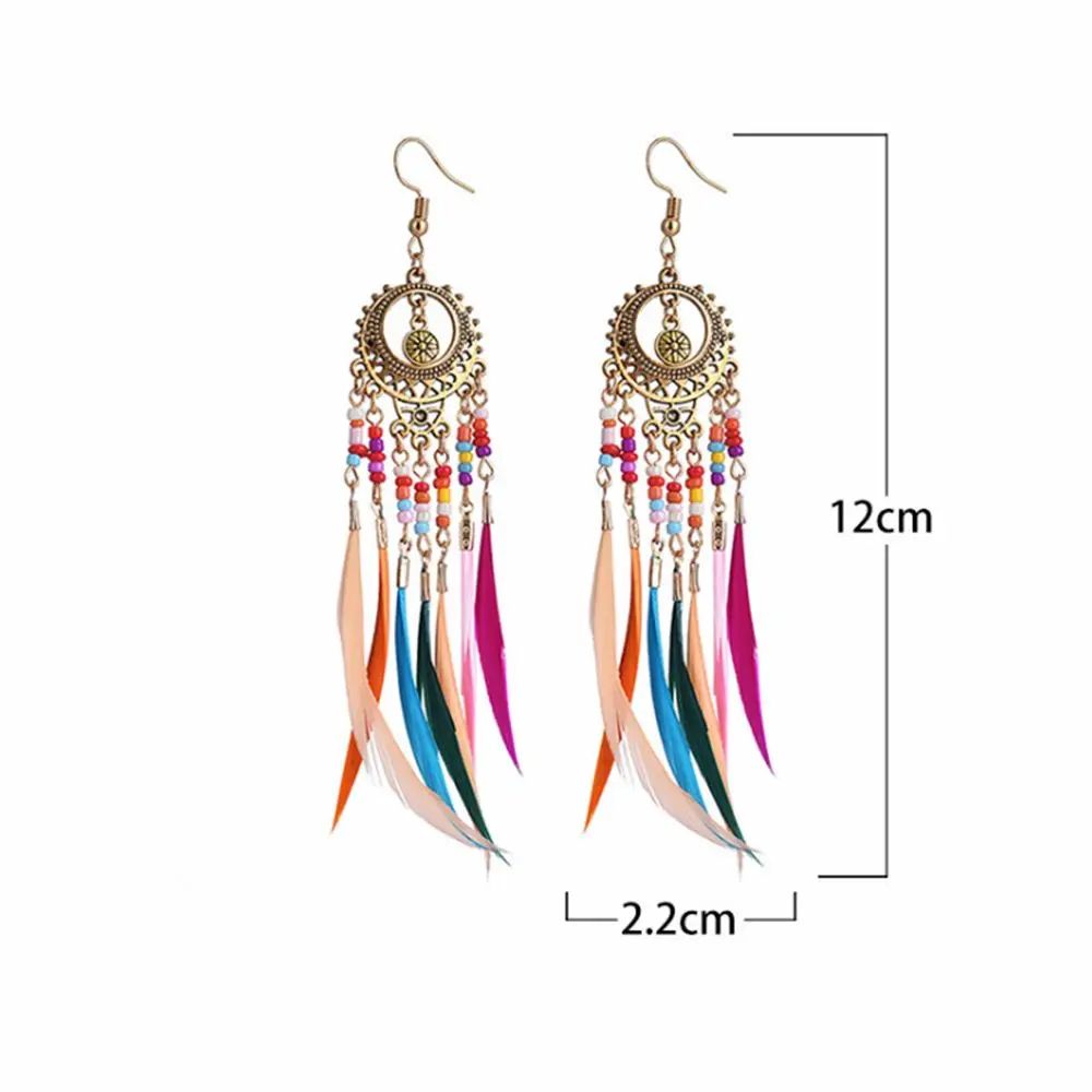 Jewelry Boho Vintage Ethnic Women Female Feather Dangle Drop Earrings Golden Silver Rainbow Beads