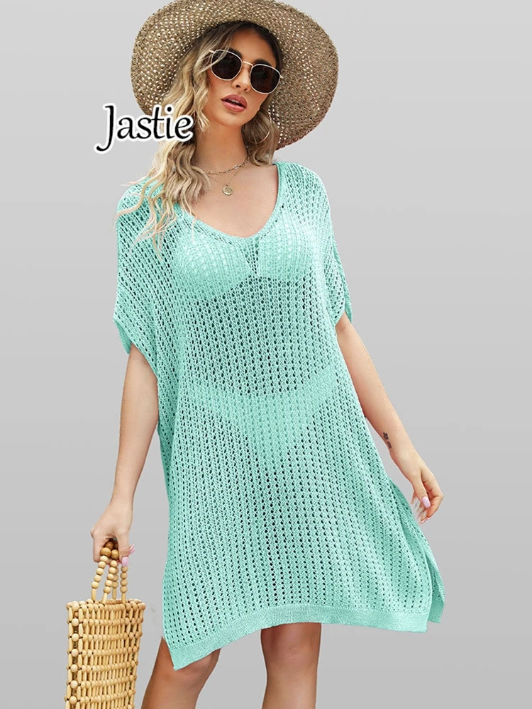 Jastie 2024 Summer Loose Beach Dresses For Women O-Neck Short Sleeve Crochet Hollow Out Lace Dress Seaside Bikini Cover-Ups