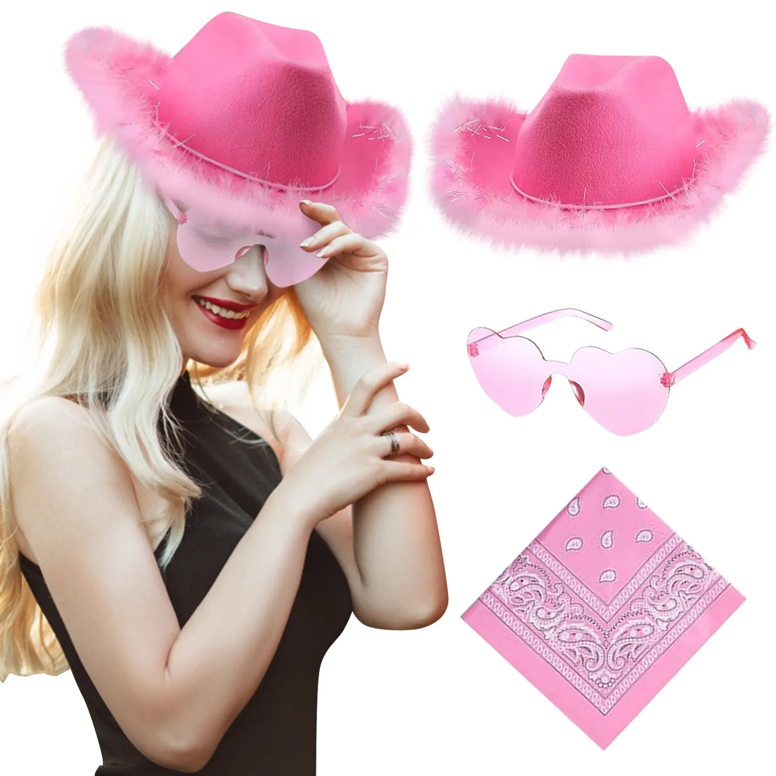 sweet girl hat Western Cowboy Plastic Hat Set Include 1 Hat 1 Paisley Bandana 1 Pairs Heart Style Glasse For Adults Party cap