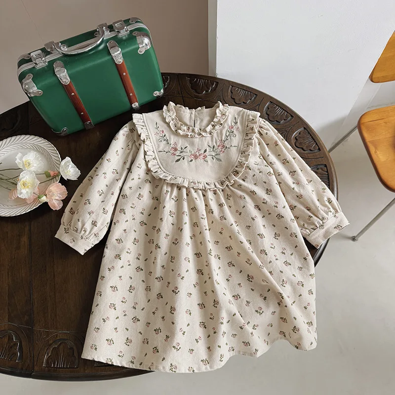 Korean Children's Clothing Girls' French Flower Embroidered Dress Spring Autumn Ruffled Floral Long Sleeved Children's Dress