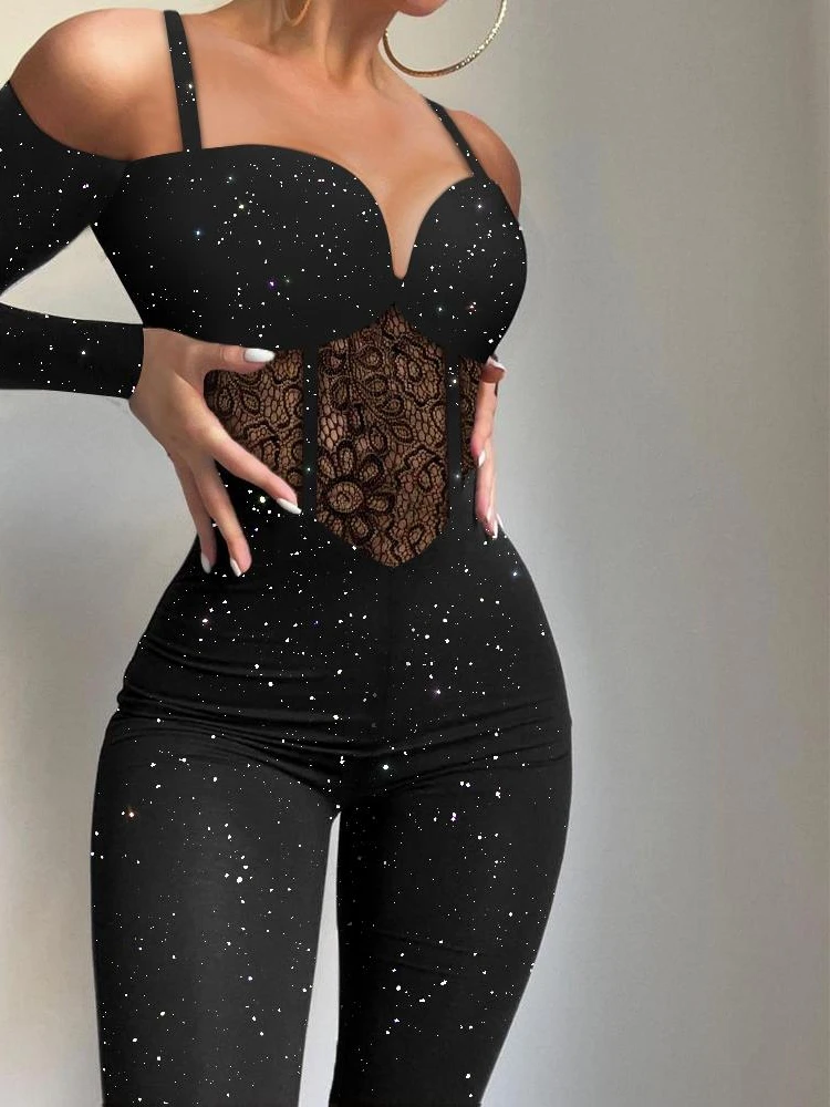 

Off-oulder Contrast Lace Jumpsuit Hollow out V-Ne High Waist Long Pants Street Sle Thin Polyester Fabric Women's Suit