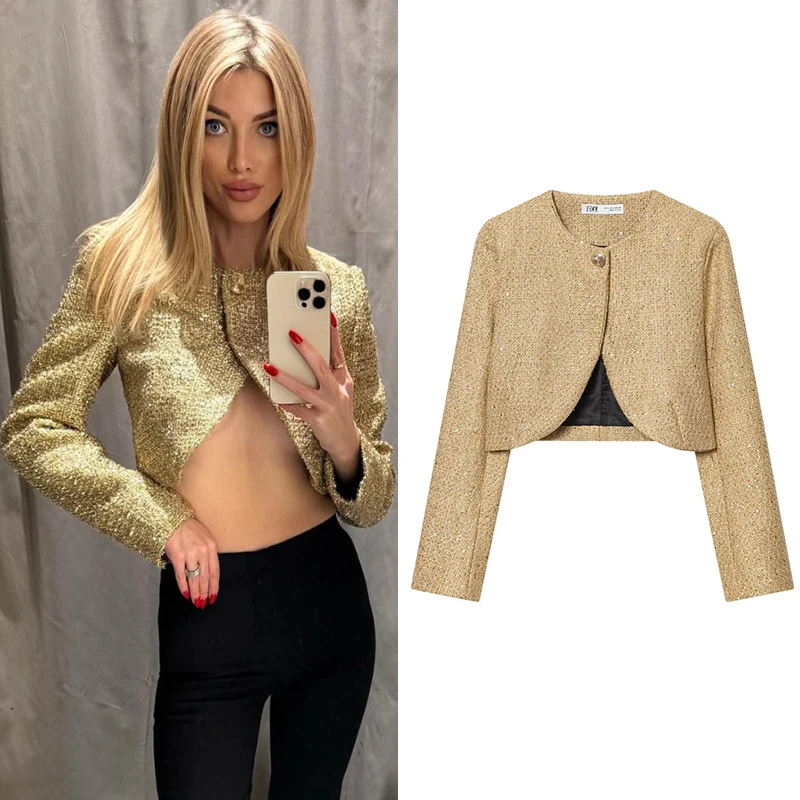 

Women Chic Tweed Style Metallic Thread Jacket Gold Cropped Long Sleeve Coat 2025 Autumn Elegant Outerwear Fashion Party Jackets