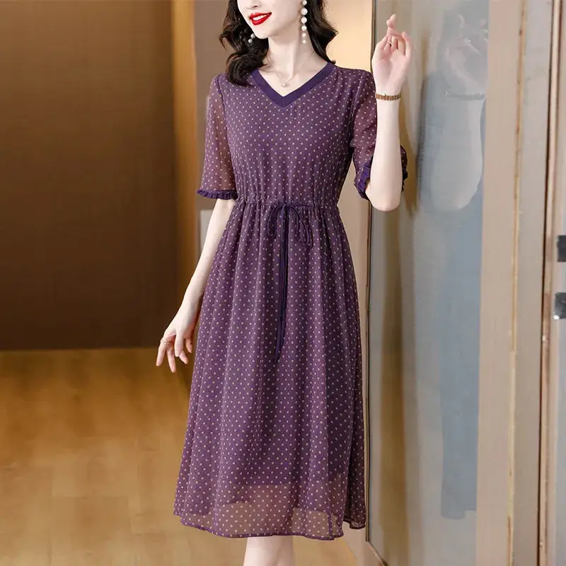 

2024 Summer New Women's Simplicity V-Neck Polka Dot Short Sleeve Fashion Loose Casual Purple Lace Up Waist Over Knee Dress