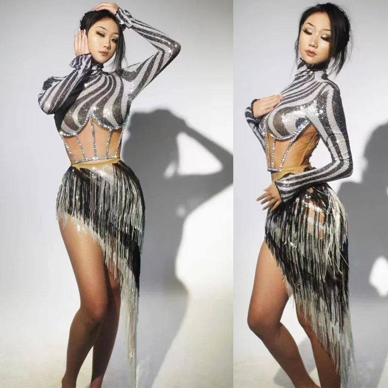 Zebra 2cps conjunto impressão lantejoulas topo franjas saia feminino grupo jazz dança traje bar clube dj ds palco rave outfit festival vestido