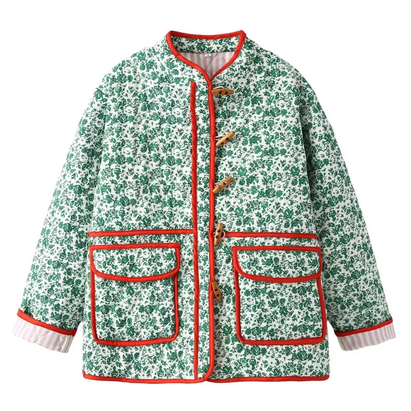 

Faionable Women's Cotton Jaet Stand Collar Printed Loose Casual Splicing Cotton Outerwear Super Slim Fit ort Sle