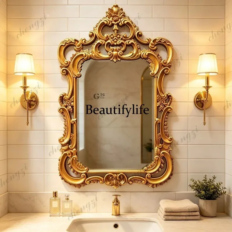 K153 French retro bathroom mirror European bathroom mirror, wall-mounted carved makeup, living room entrance decorative mirror