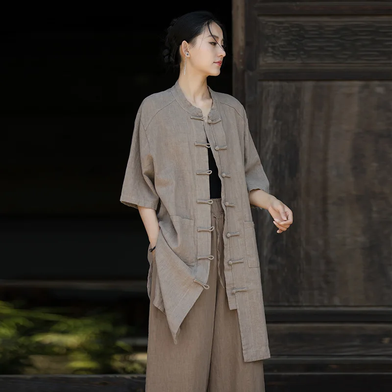 Cloth Clothing Retro Chinese Style Ramie Cotton Placket Mandarin Collar Mid-Length Shirt for Women Summer