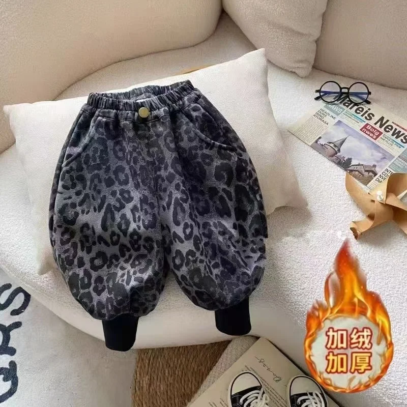 Children's Winter Lantern Pants 2025 New Collection for Boys and Girls with Velvet Pants Leopard Pattern Baby Velvet Pants image 5