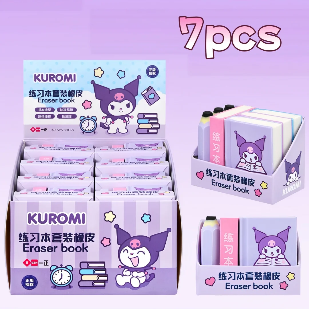 7Pcs Licensed Sanrio Kuromi Hello Kitty Book‑Shaped Erasers, Clean Low‑Dust, Kids Correction Eraser Stationery