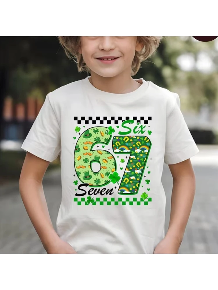 Lucky Shamrock Number 67 Print Short Sleeve Tee, Breathable Cotton, Perfect for St. Patrick's & Daily Outfitstk0060