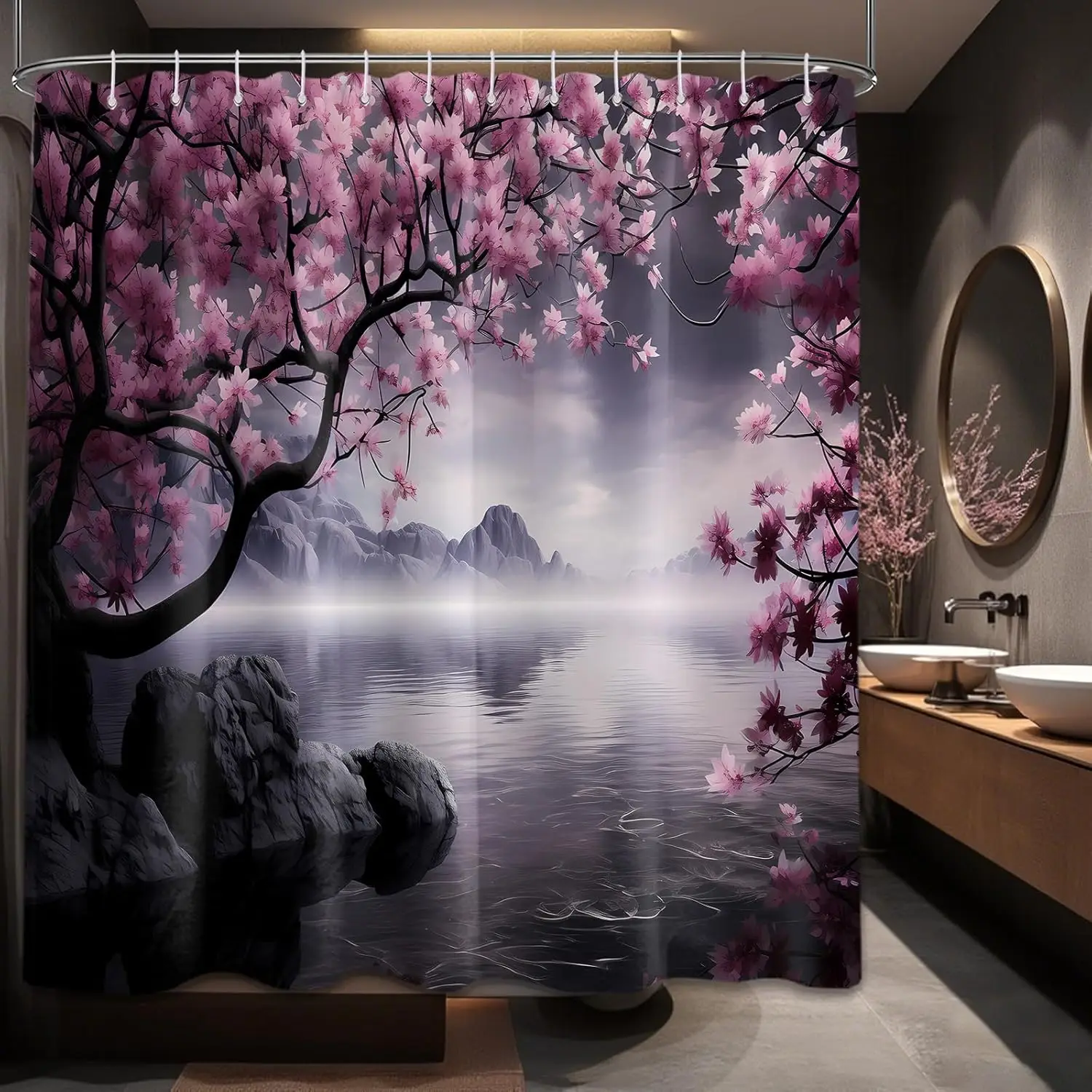 

Japanese Shower Curtain Asian Cherry Blossom Bathroom Decor Mountain Bath Curtain, Waterproof Cloth Fabric with Hooks
