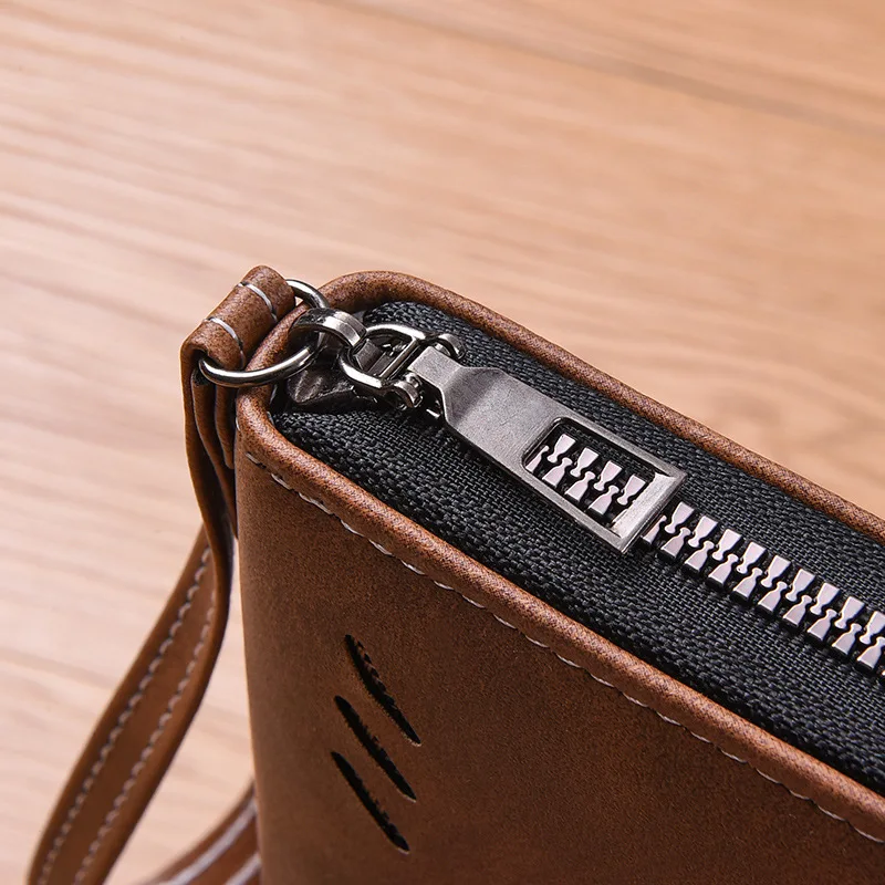 新しいトレンドのジッパー付き長財布、高級メンズビジネスマネーバッグ、大容量レトロPUレザーカードバッグ、マルチカードコインパース