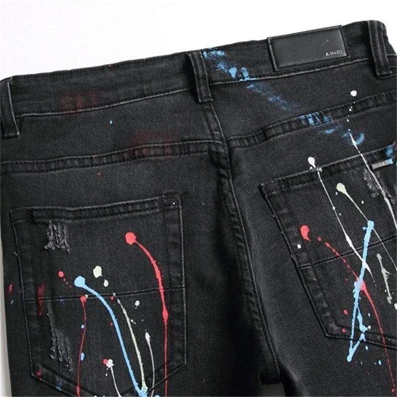 EH · MD®Tinta respingo pintado jeans primavera/outono buraco tendência forrado bordado gato preto whisker alta rua moda zíper novo